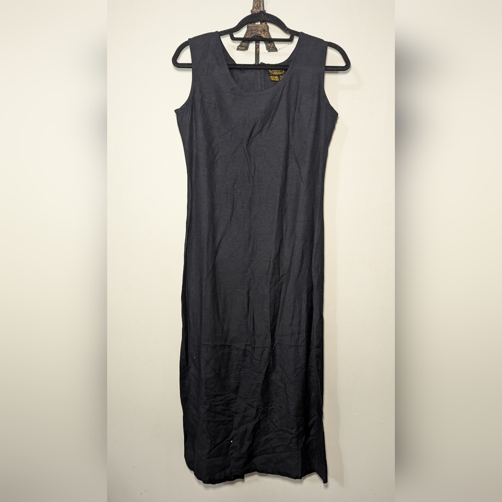 Allure Vintage Midi Dress Black Flax Blend Scandinavian Back Slit Women's Size S